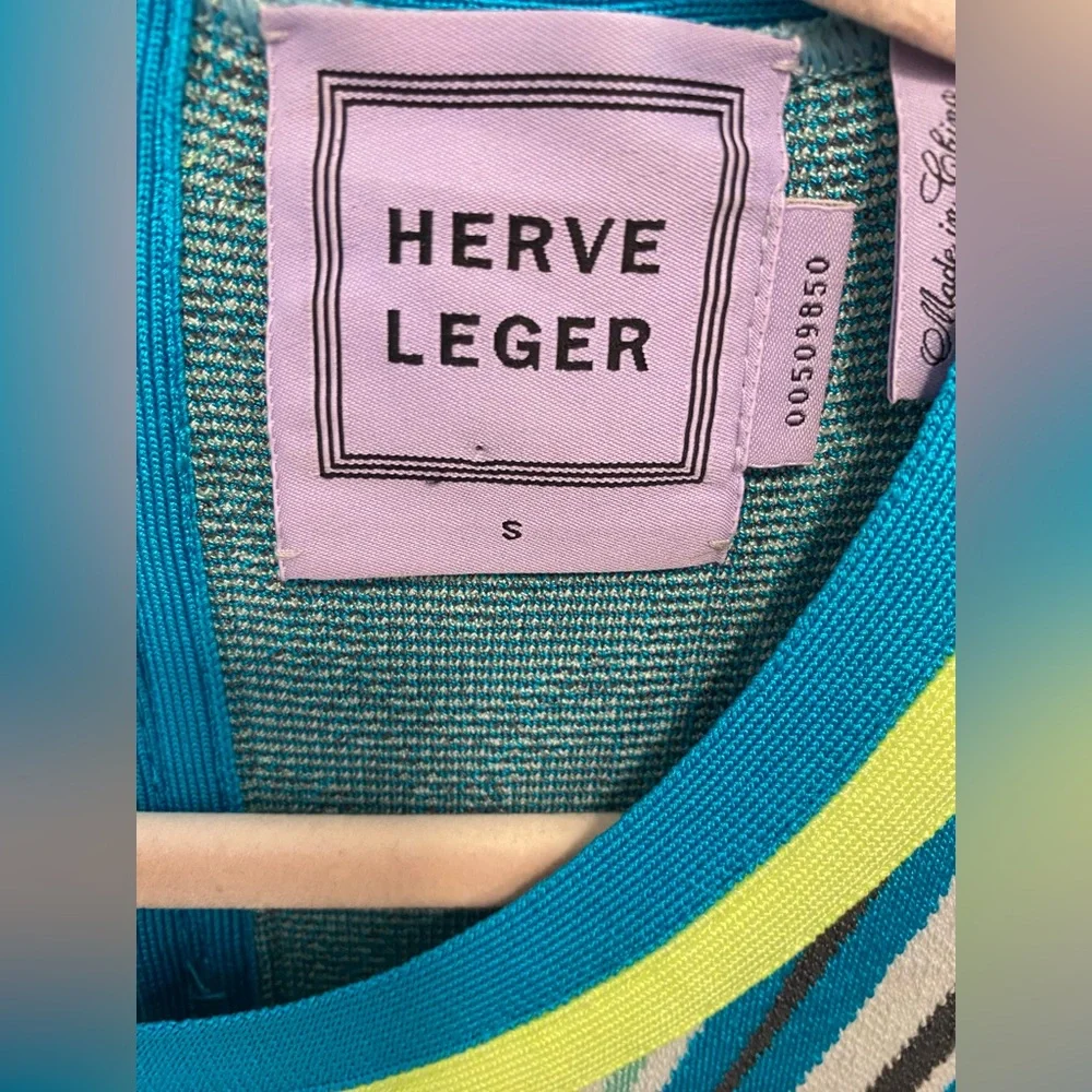Herve Leger Blue Teal Neon Yellow Multi-Color Bandage Mini Dress - Picture 2 of 6